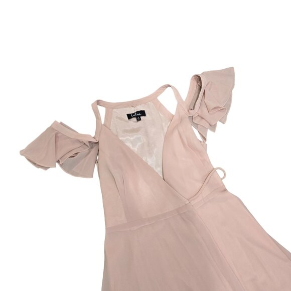 Lulus listeing blush Pink Wrap Maxi Dress With Ruffle Sleeves & V-Neckline Sz S - Picture 7 of 9